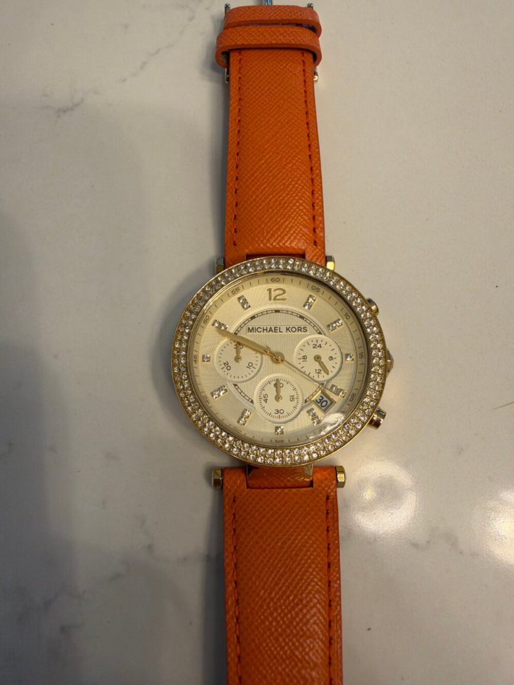 Michael Kors Chronograph Watch — Gold with Crystal Bezel, Tan Leather Strap